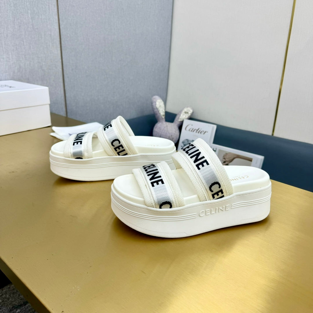 Celine Celine Flatform Dad Sandal Mule White Fabric with Rubber 238141