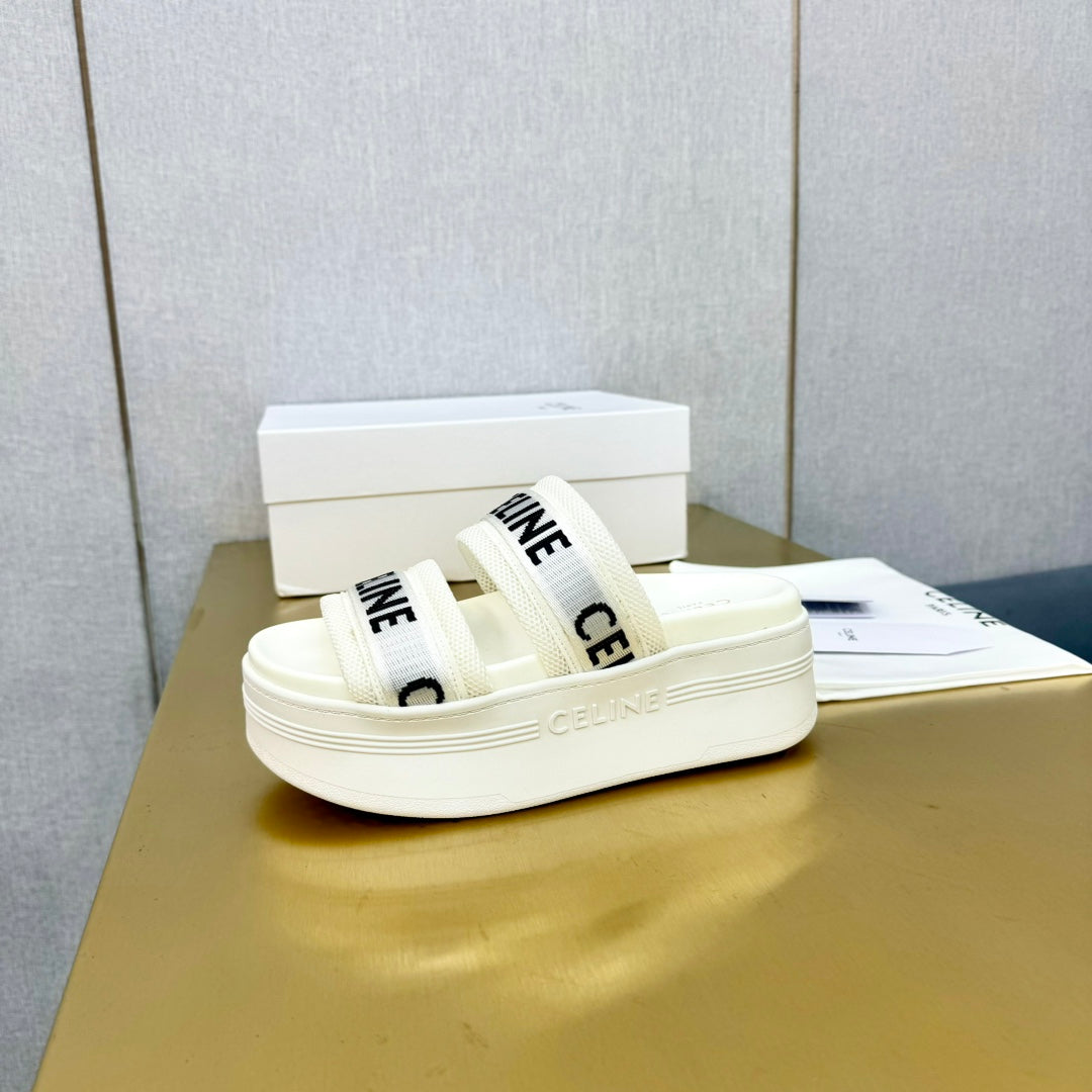 Celine Celine Flatform Dad Sandal Mule White Fabric with Rubber 238141