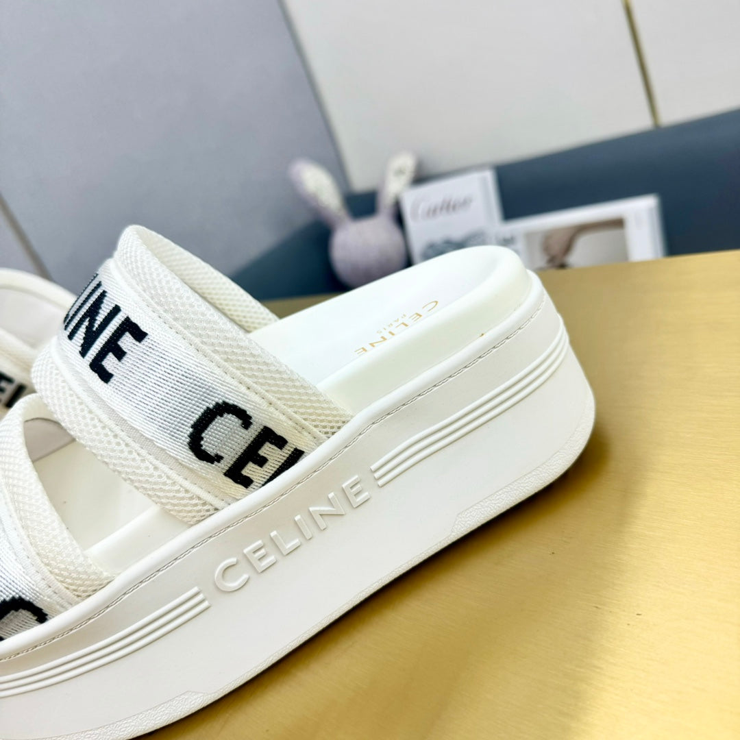 Celine Celine Flatform Dad Sandal Mule White Fabric with Rubber 238141