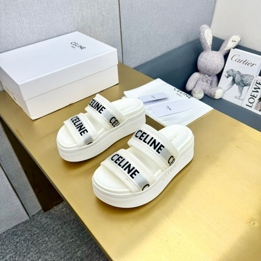 Celine Celine Flatform Dad Sandal Mule White Fabric with Rubber 238141