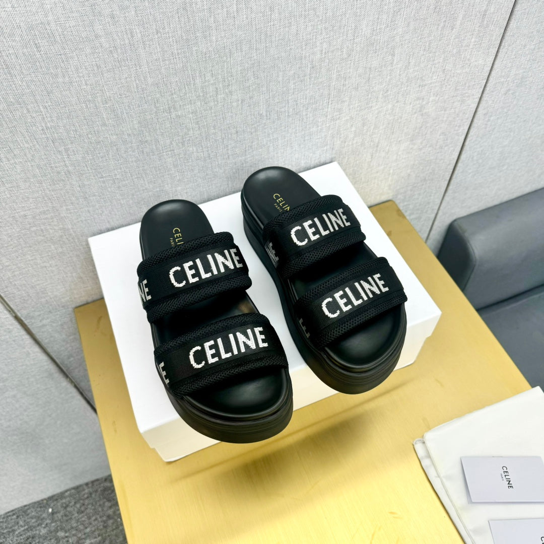 Celine Celine Flatform Dad Sandal Mule Black Fabric with Rubber 238142