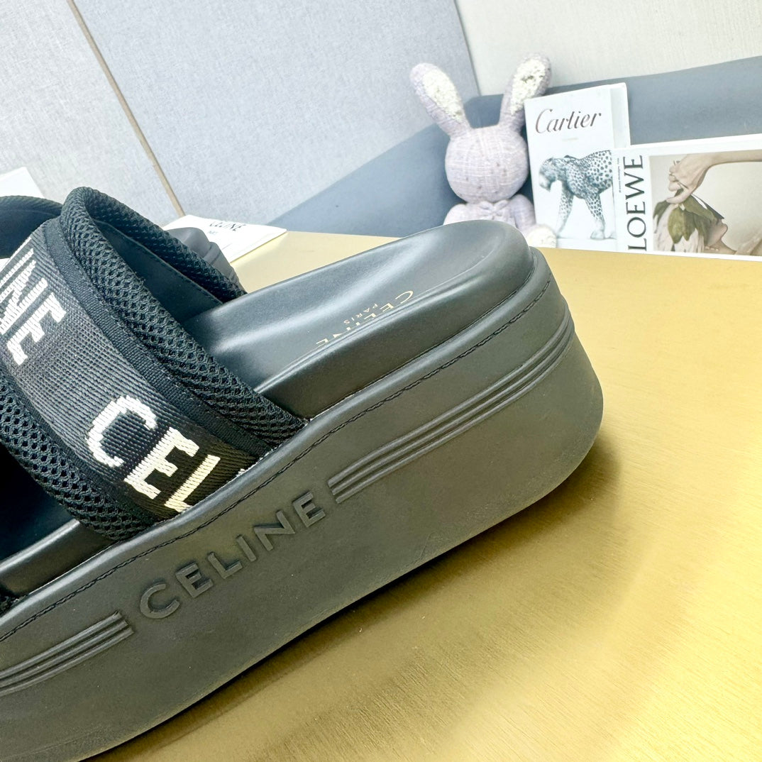 Celine Celine Flatform Dad Sandal Mule Black Fabric with Rubber 238142