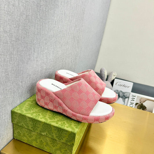 Balanciaga WEDGE SANDALS IN PINK MONOGRAM JACQUARD FABRIC
