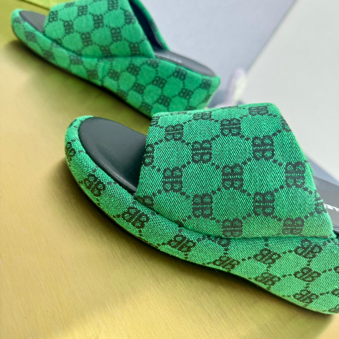 Balanciaga WEDGE SANDALS IN GREEN MONOGRAM JACQUARD FABRIC