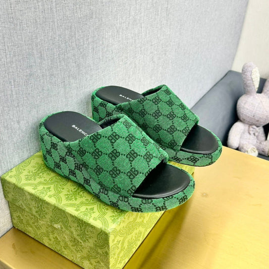 Balanciaga WEDGE SANDALS IN GREEN MONOGRAM JACQUARD FABRIC
