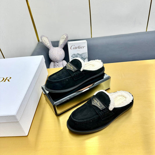 DIOR Boy Mule In Black Suede With Wool Fleece Lining  111828