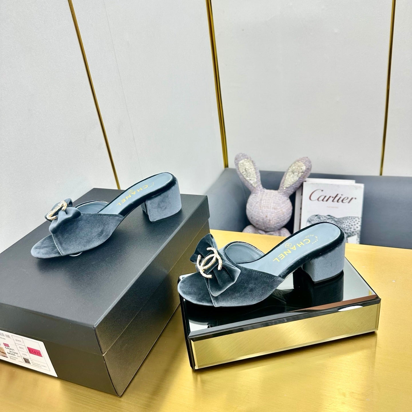 CHANEL 25 Mid Heel Mules Gray Velvet 238474