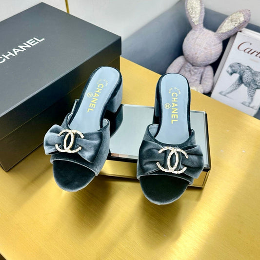CHANEL 25 Mid Heel Mules Gray Velvet 238474