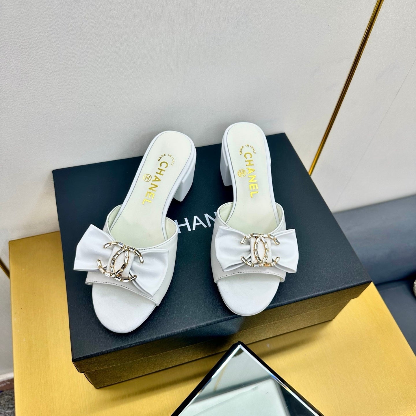 CHANEL 25 Mid Heel Mules White Sheepskin 238475