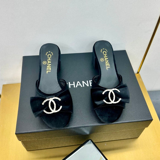 CHANEL 25 Mid Heel Mules Black Velvet 238476