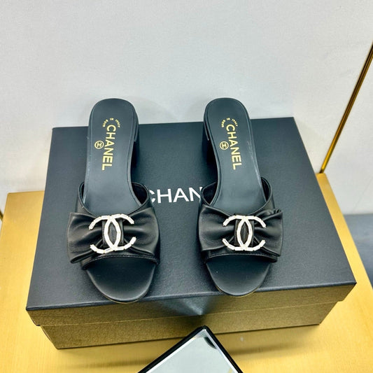 CHANEL 25 Mid Heel Mules Black Sheepskin 238478