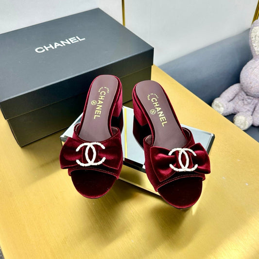 CHANEL 25 Mid Heel Mules Burgundy Red Velvet 238479
