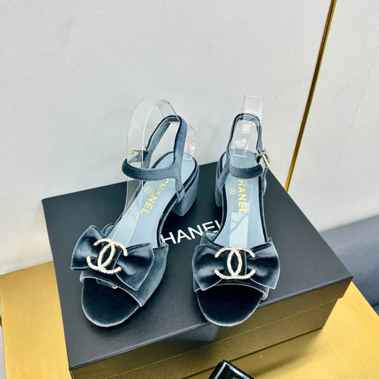CHANEL 25 Sandal Heels Gray Velvet 238482