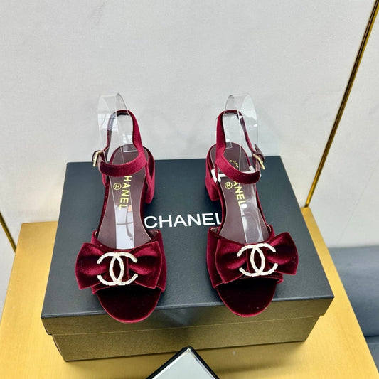 CHANEL 25 Sandal Heels Burgundy Red Velvet 238484