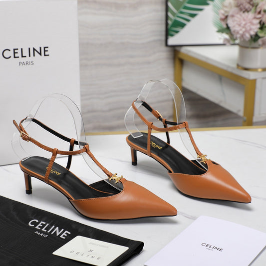 Celine HIGH 5 CM SLINGBACK IN CINNAMON BROWN CALFSKIN WITH GOLD LOGO
