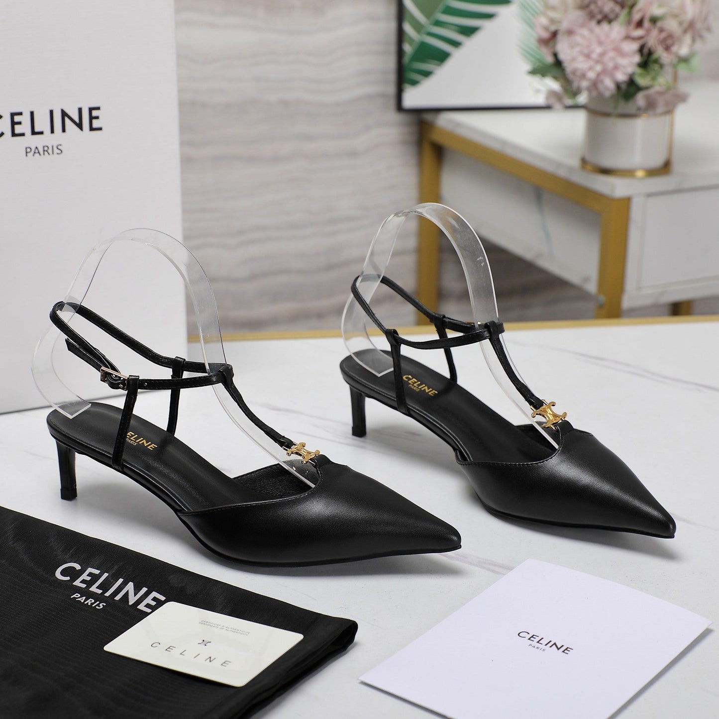 Celine HIGH 5 CM SLINGBACK IN BLACK CALFSKIN WITH GOLD LOGO