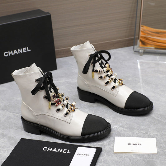 CHANEL Ankle Boots 30mm White Wrinkled Cowhide