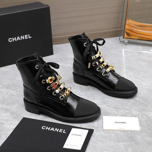 CHANEL Ankle Boots 30mm Black Wrinkled Cowhide