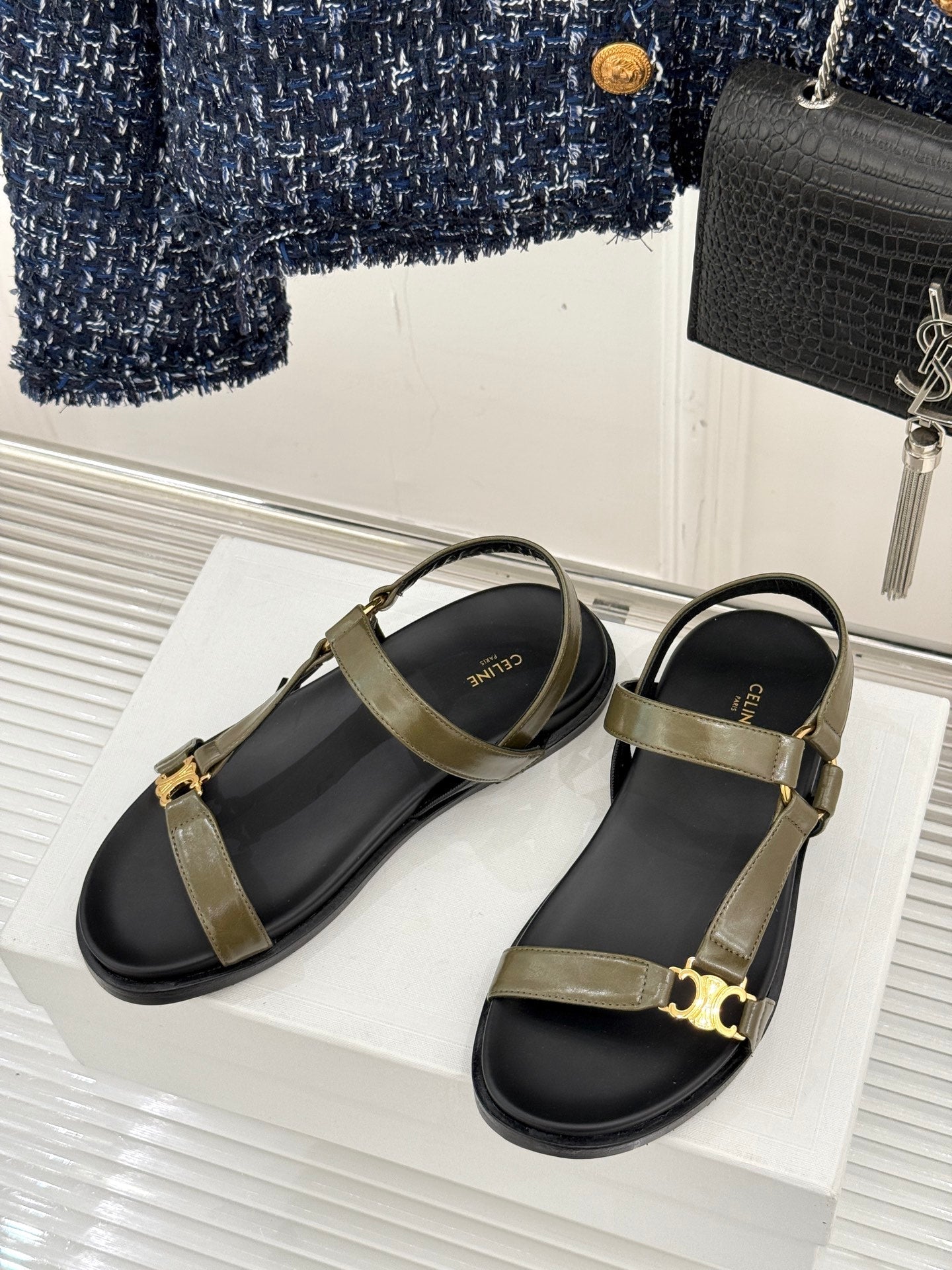 Celine CELINE Maud Sandal Moss Green Leather 285902