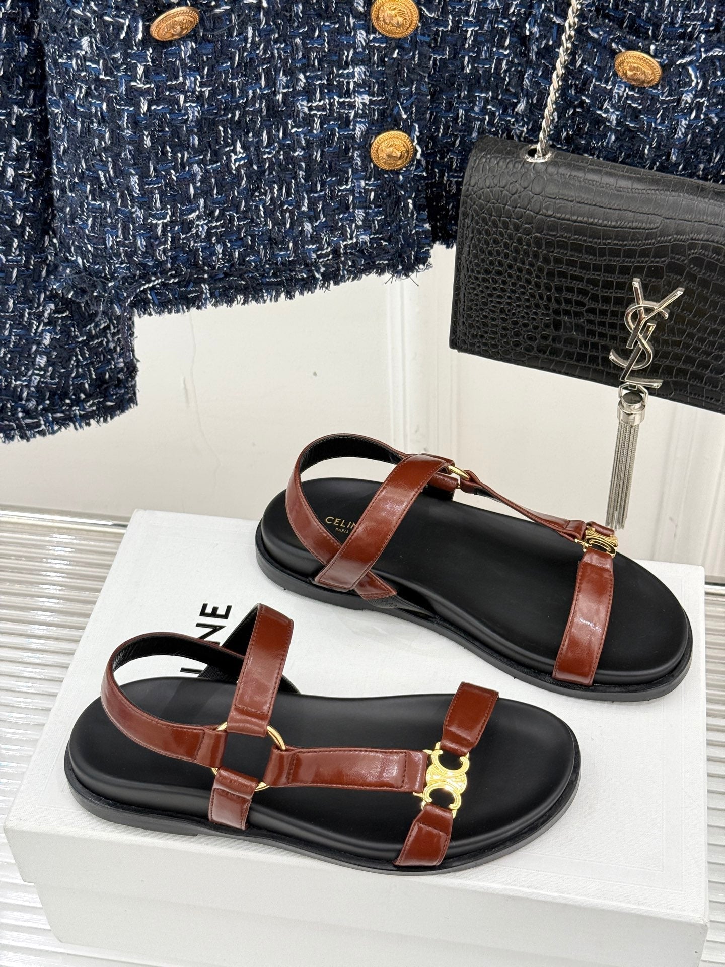 Celine CELINE Maud Sandal Red Brown Leather 285903