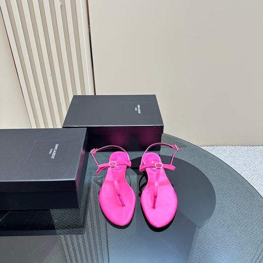 Saint Laurent SL CRYSTAL T-STRAP FLAT SANDAL BRIGHT PINK SATIN