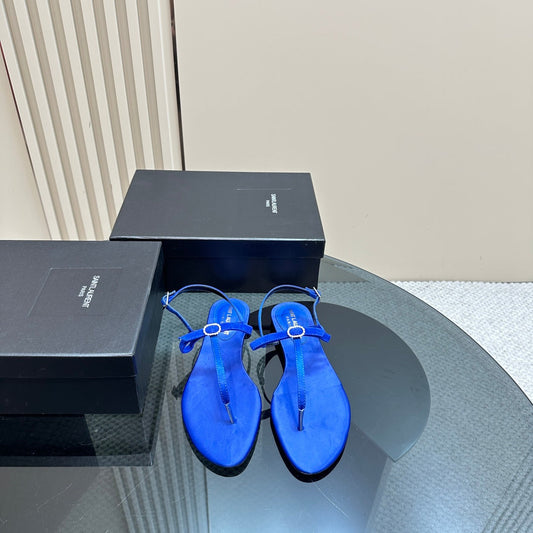 Saint Laurent SL CRYSTAL T-STRAP FLAT SANDAL COBALT SATIN