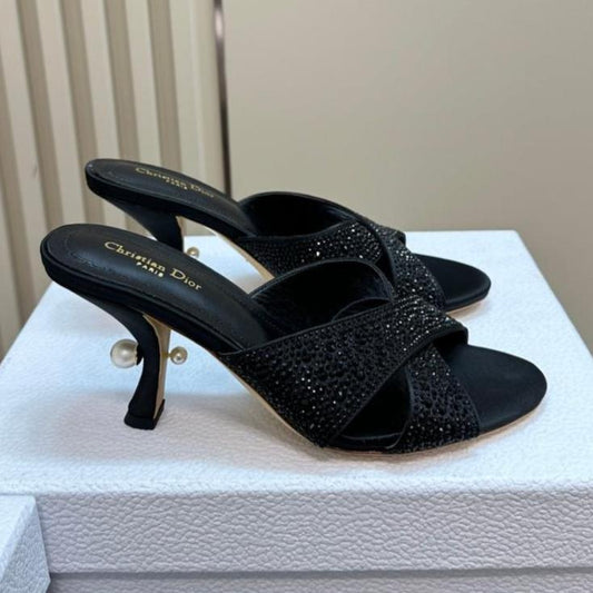 DIOR Tribales Heeled Slide 80mm Black Lambskin And Studded With Stones