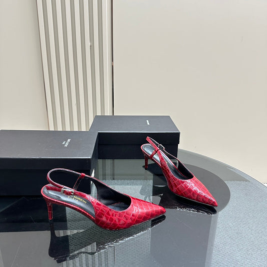 Saint Laurent SL TRAPEZE CROCODILE MOTIF SLINGBACK PUMP RED CALFSKIN