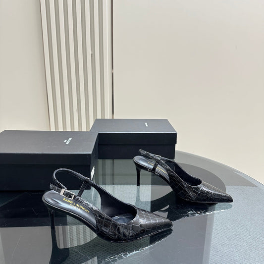 Saint Laurent SL TRAPEZE CROCODILE MOTIF SLINGBACK PUMP BLACK CALFSKIN