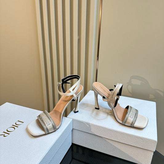 DIOR Dway Heeled Sandal 105mm White Grey Silk And Lambskin