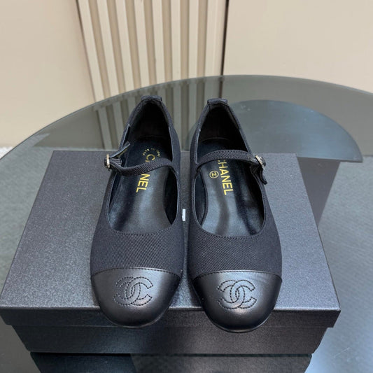 CHANEL 25 Mary Jane Flats Black Fabric 239403