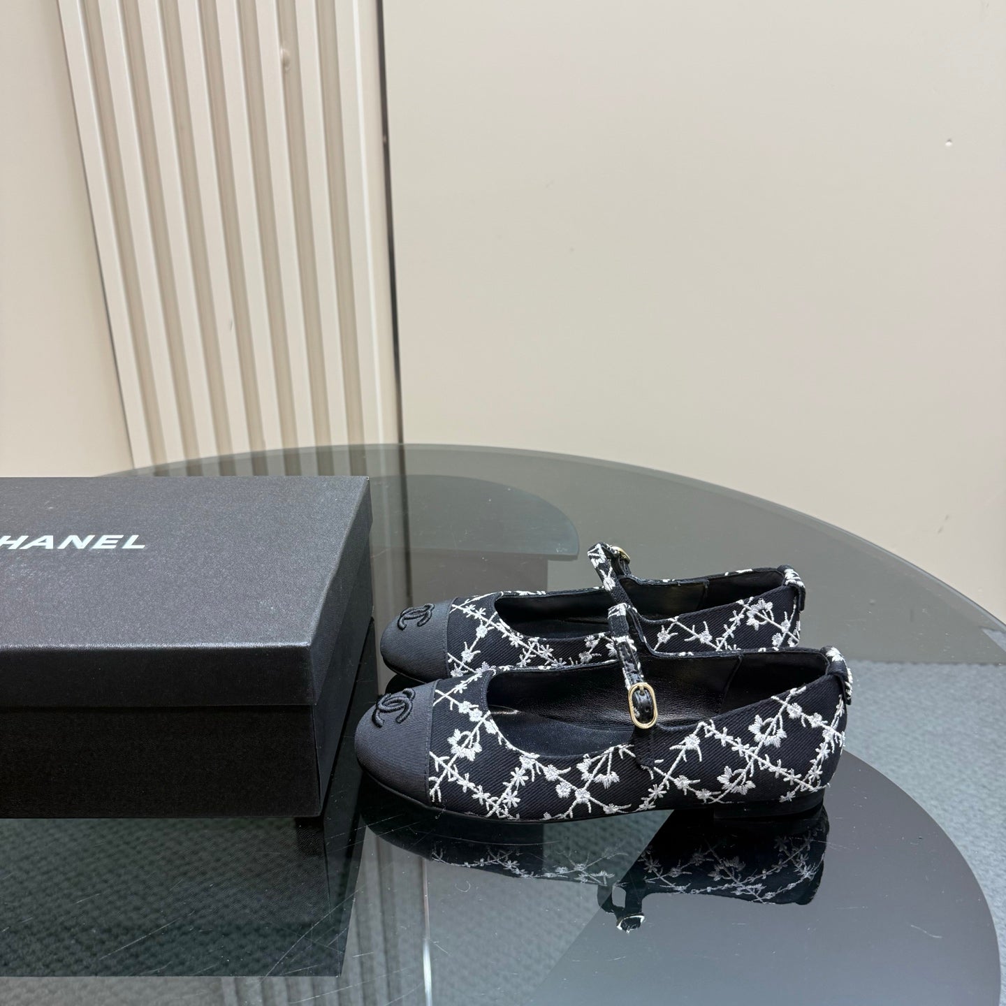 CHANEL 25 Mary Jane Flats Black Pattern Fabric 239404
