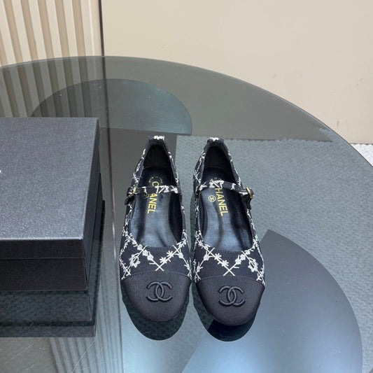 CHANEL 25 Mary Jane Flats Black Pattern Fabric 239404