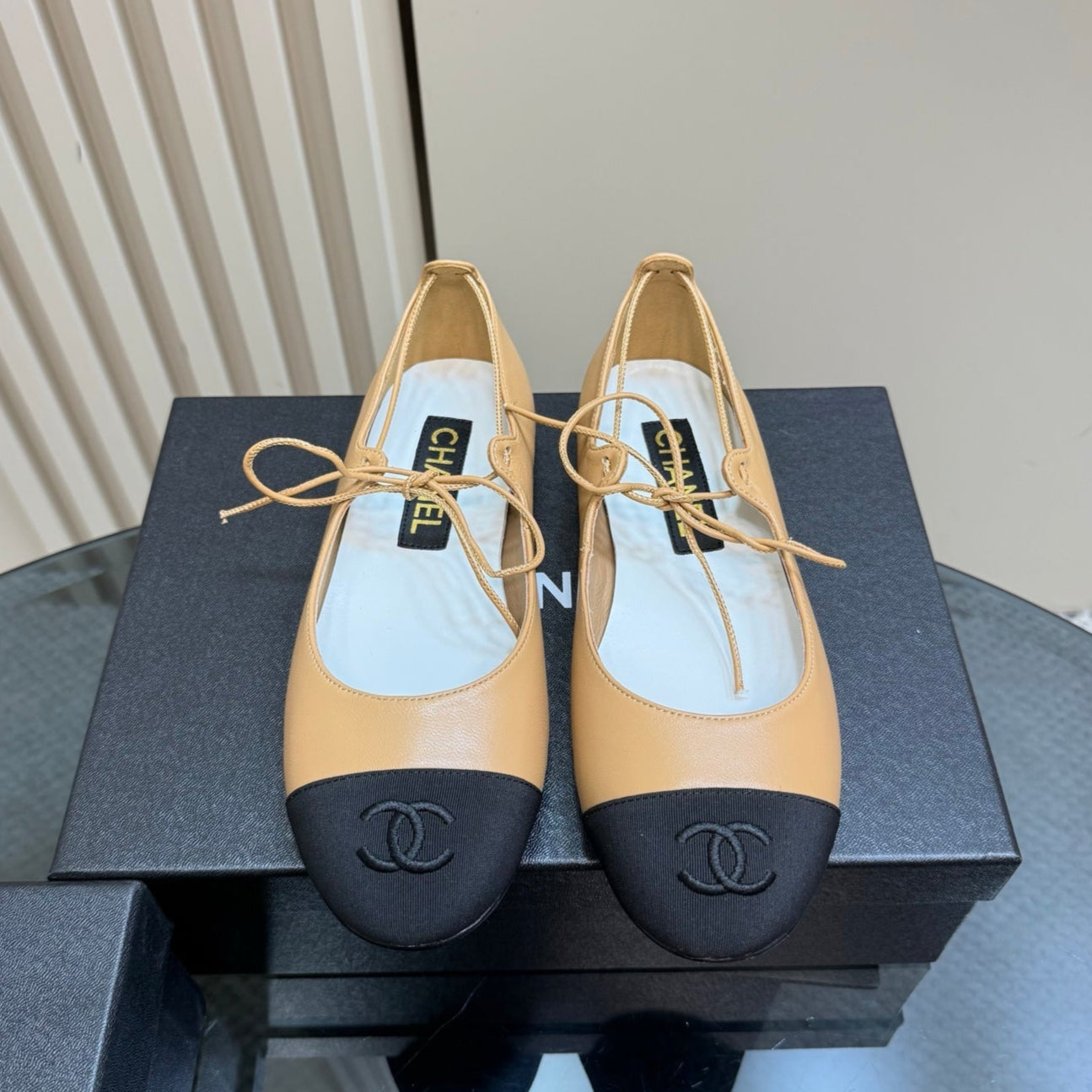 CHANEL 25 Mary Jane Flat Buff Brown Leather with Fabric 239406