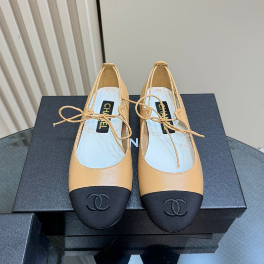 CHANEL 25 Mary Jane Flat Buff Brown Leather with Fabric 239406