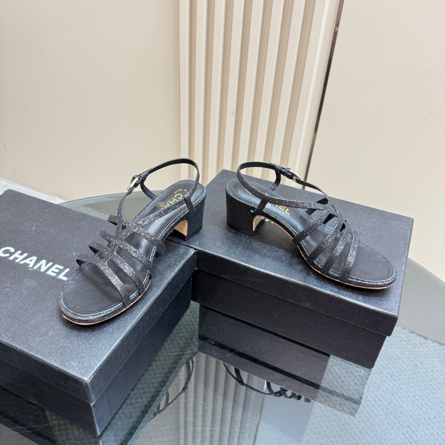 CHANEL 25 Sandal Heels Black Sheepskin 239417