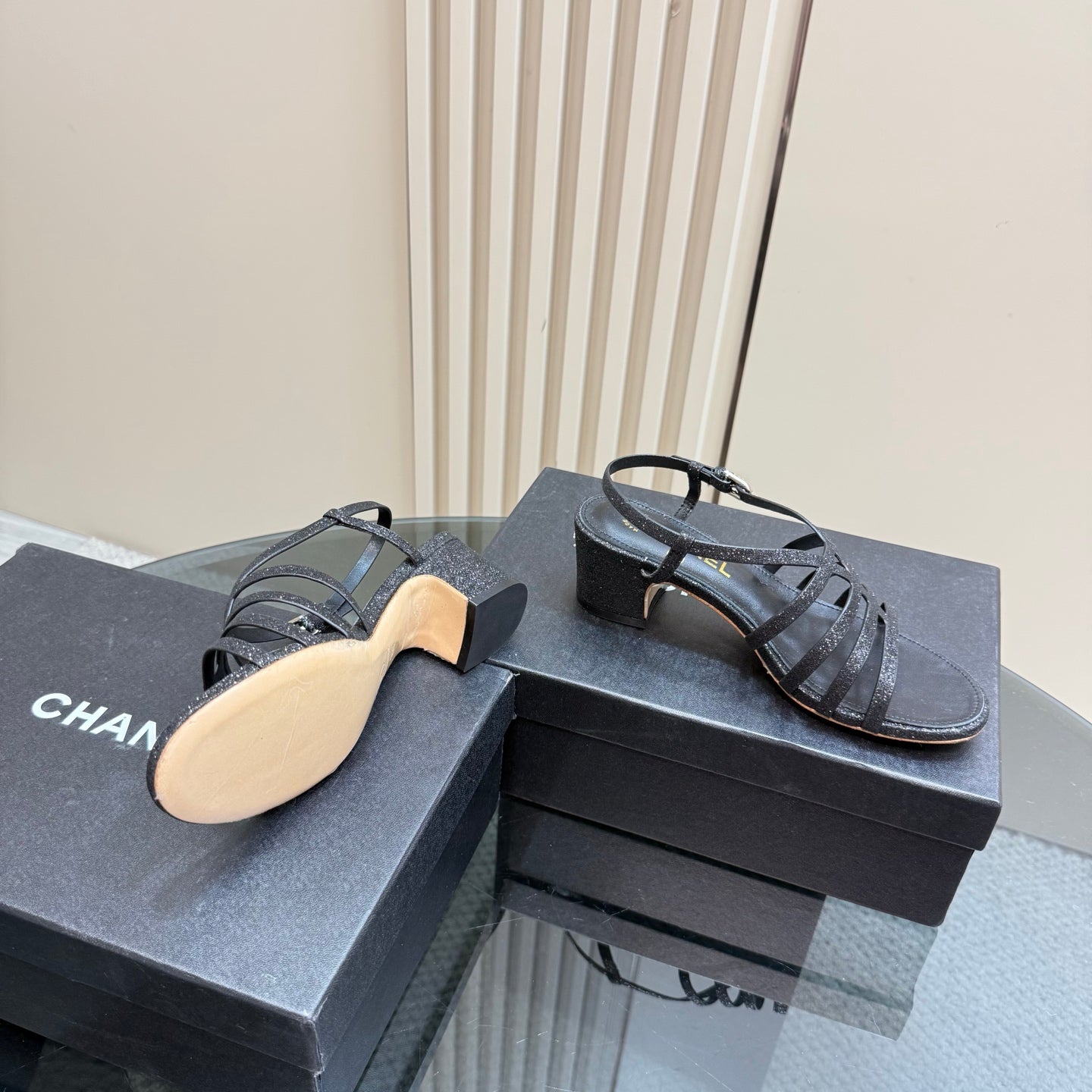 CHANEL 25 Sandal Heels Black Sheepskin 239417