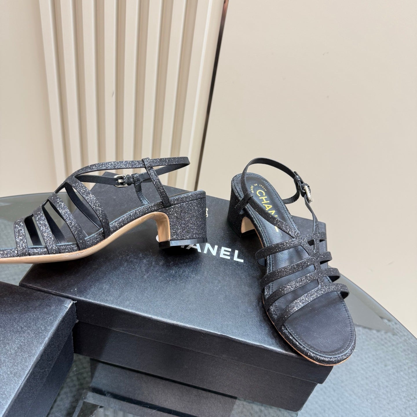CHANEL 25 Sandal Heels Black Sheepskin 239417