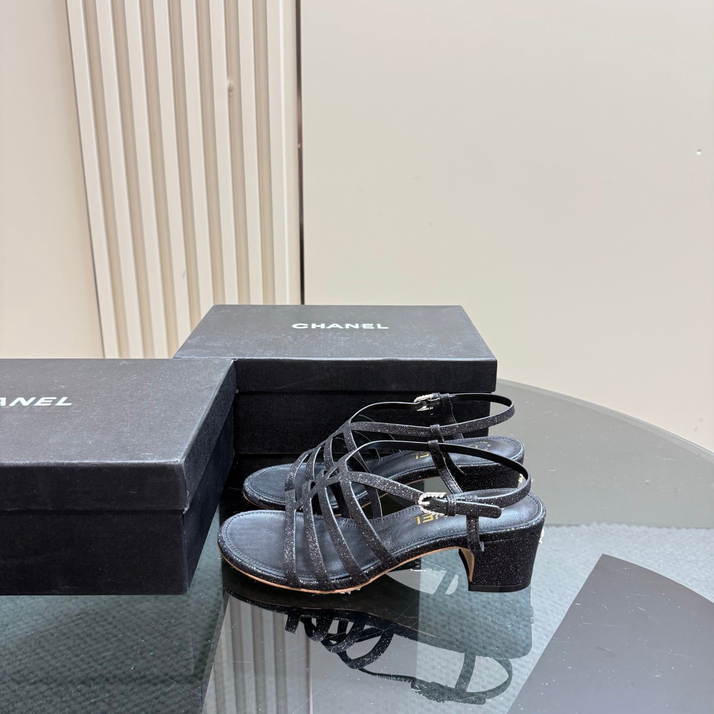 CHANEL 25 Sandal Heels Black Sheepskin 239417