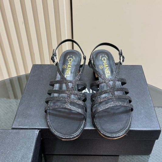CHANEL 25 Sandal Heels Black Sheepskin 239417
