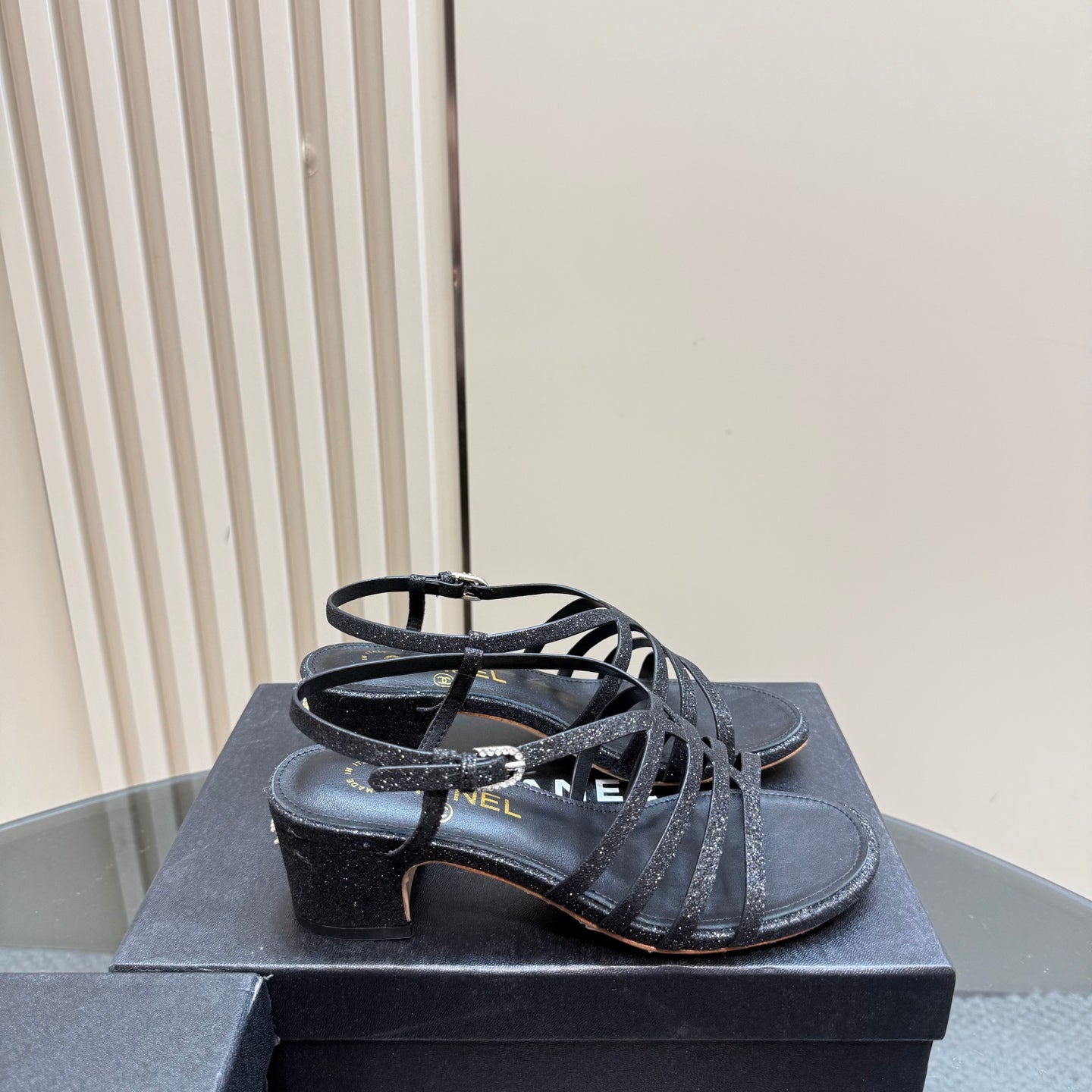 CHANEL 25 Sandal Heels Black Sheepskin 239417