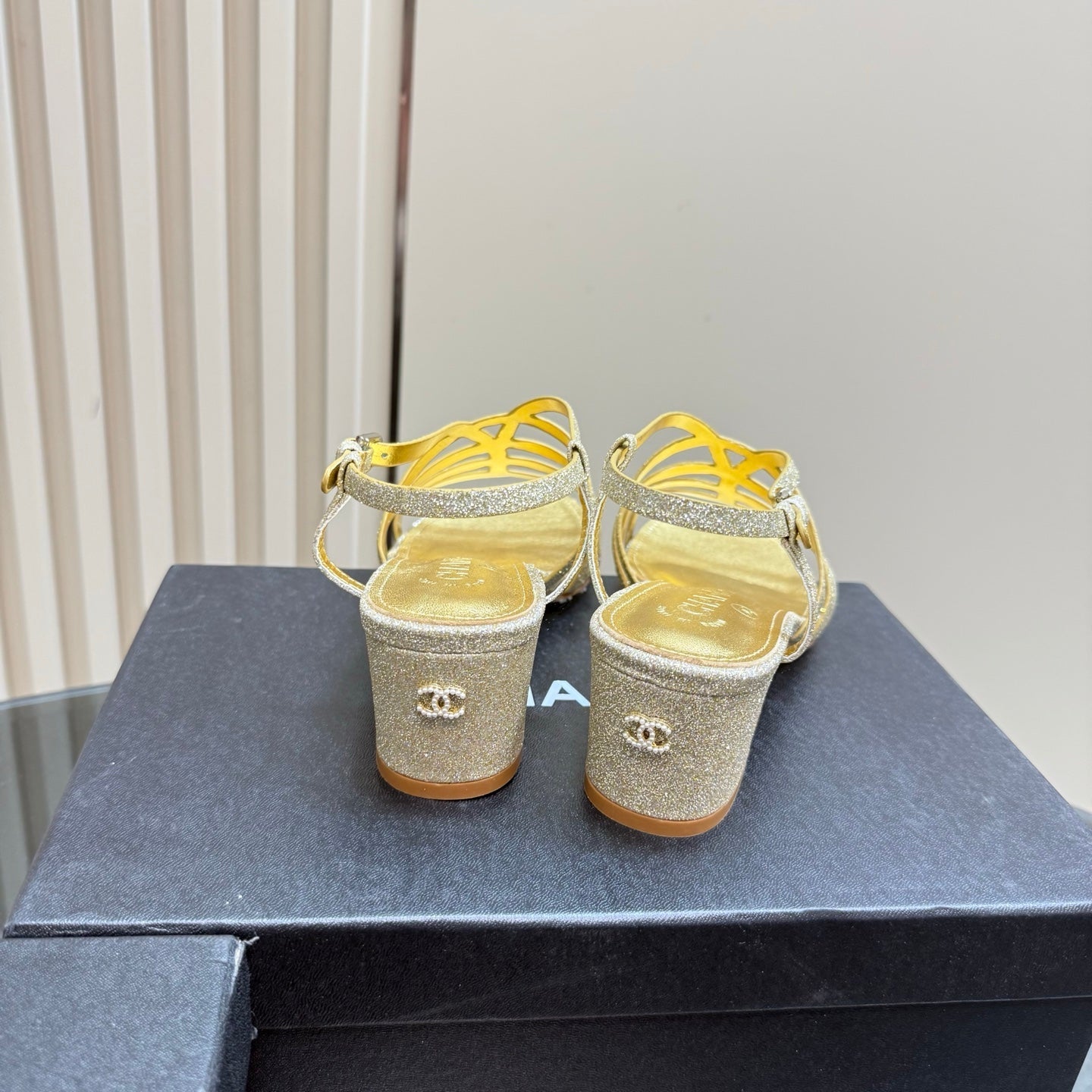 CHANEL 25 Sandal Heels Gold Sheepskin 239418