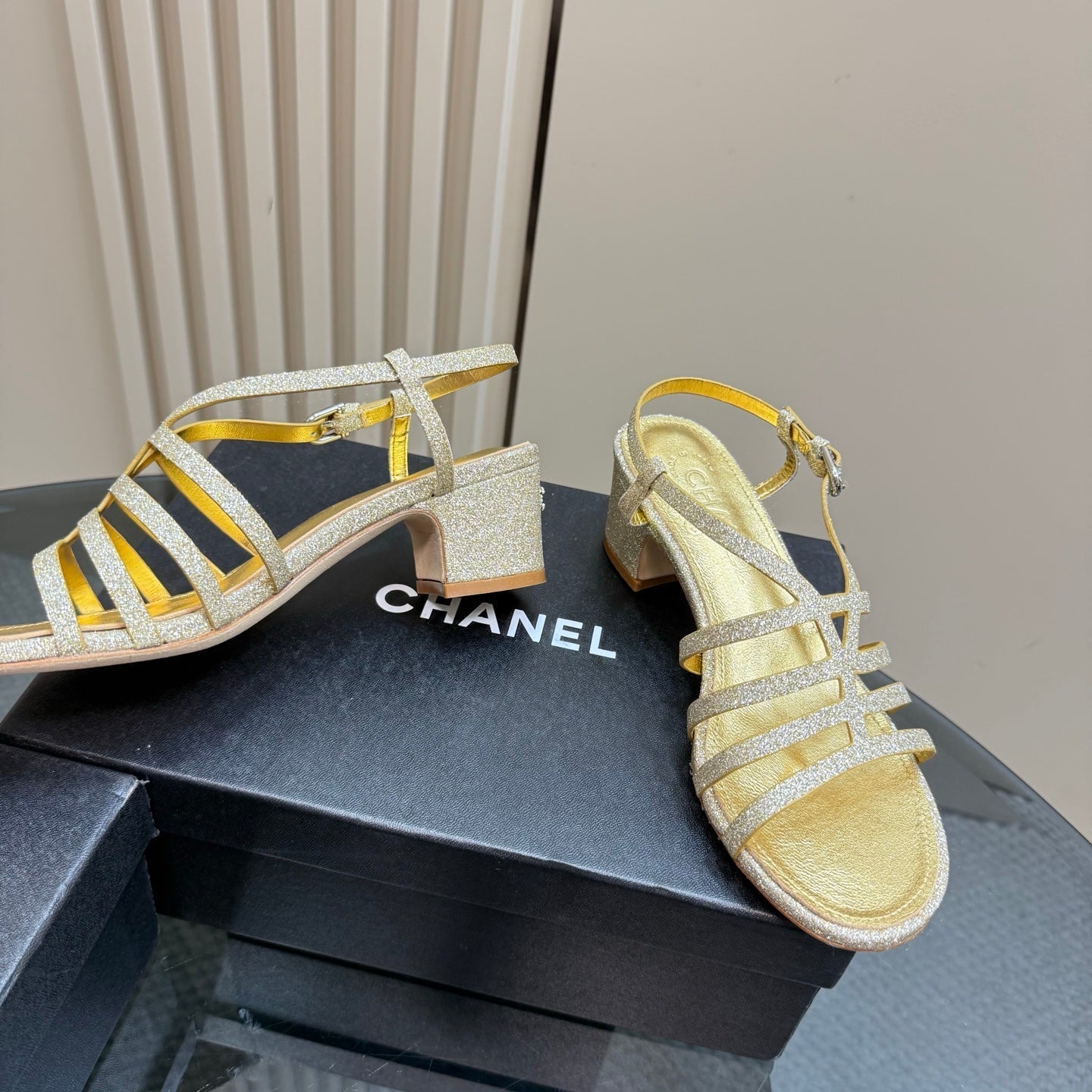 CHANEL 25 Sandal Heels Gold Sheepskin 239418
