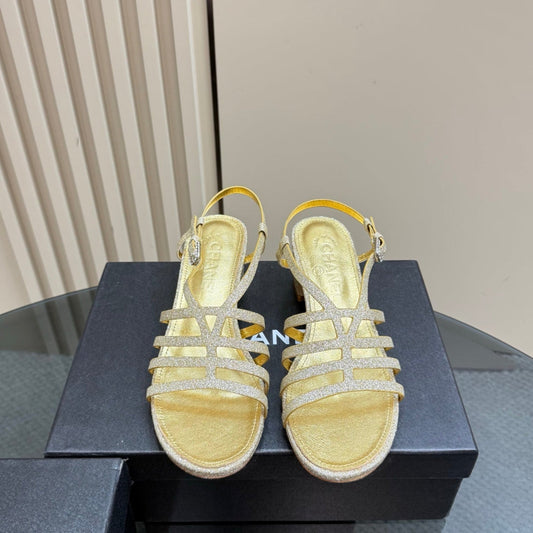 CHANEL 25 Sandal Heels Gold Sheepskin 239418