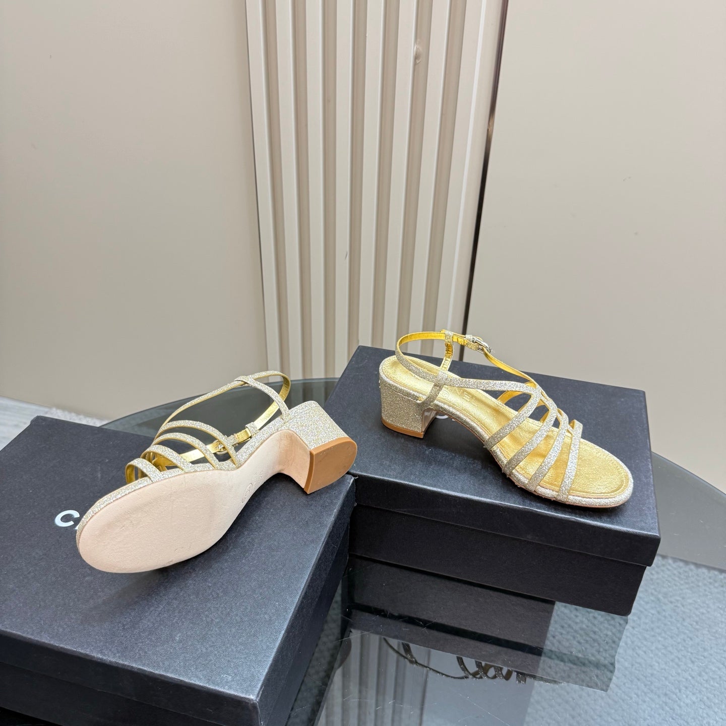 CHANEL 25 Sandal Heels Gold Sheepskin 239418