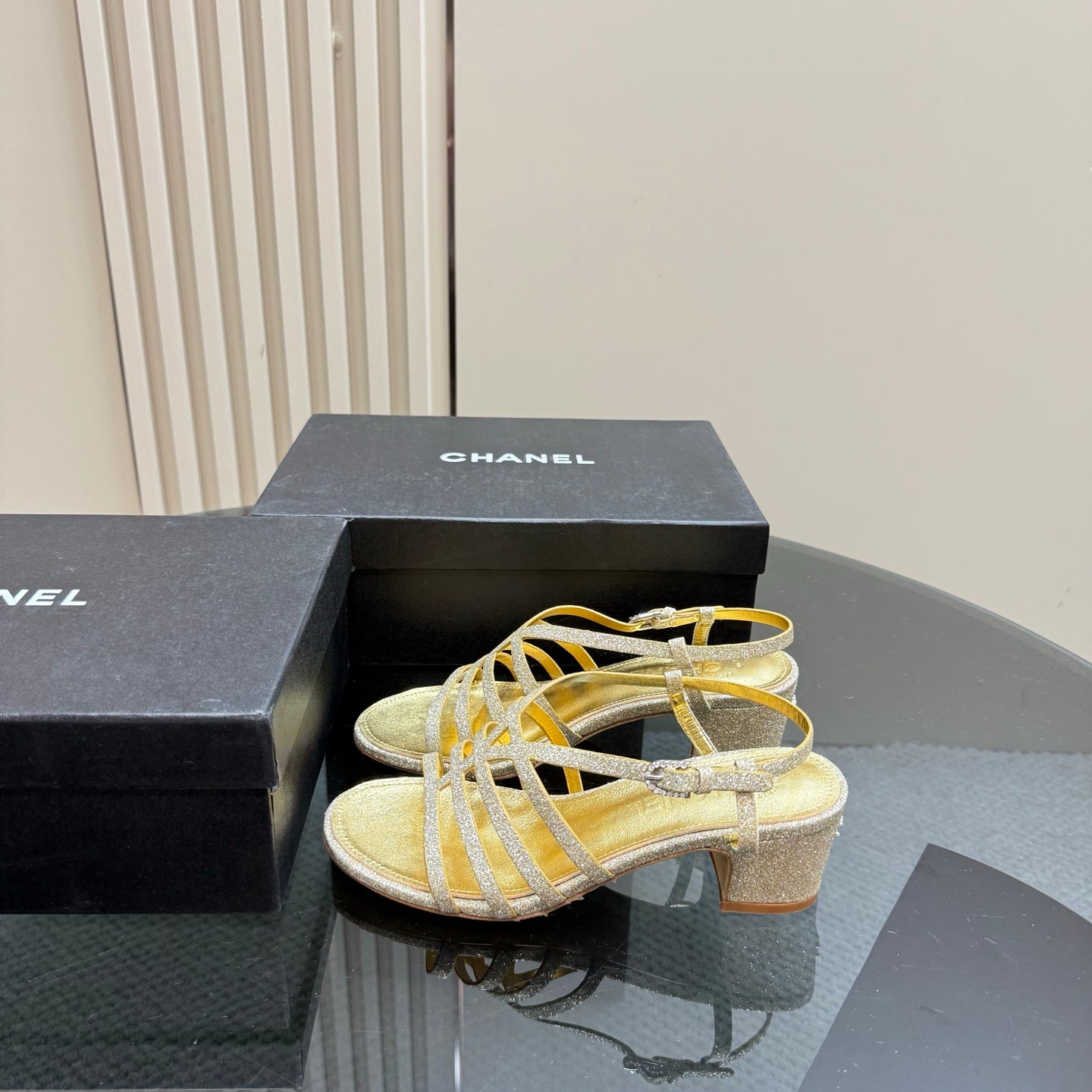 CHANEL 25 Sandal Heels Gold Sheepskin 239418