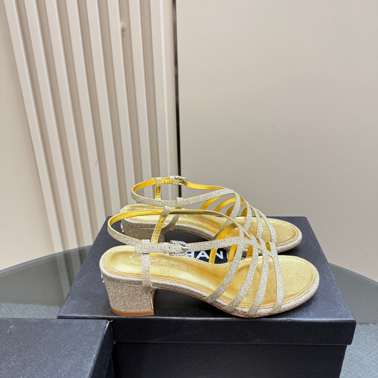 CHANEL 25 Sandal Heels Gold Sheepskin 239418