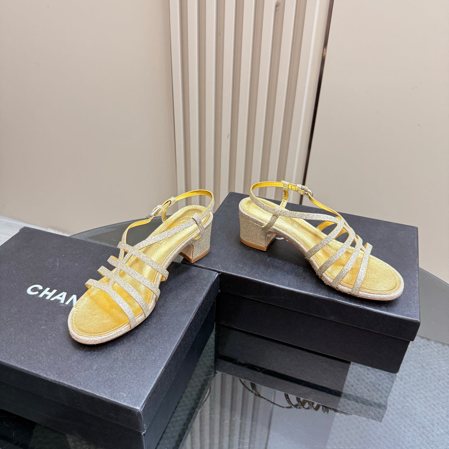 CHANEL 25 Sandal Heels Gold Sheepskin 239418