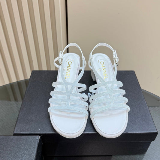 CHANEL 25 Sandal Heels White Sheepskin 239419