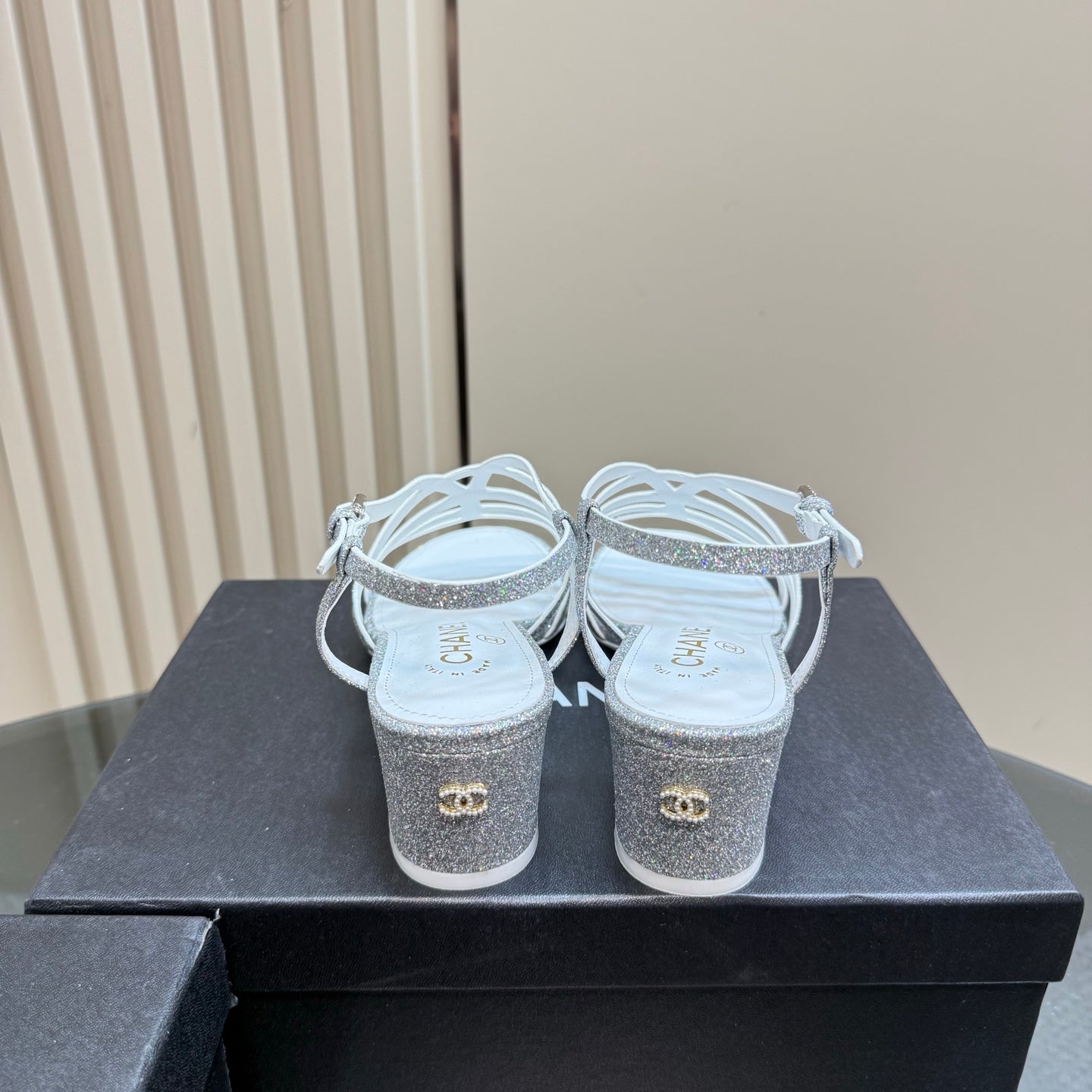 CHANEL 25 Sandal Heels Silver Sheepskin 239420